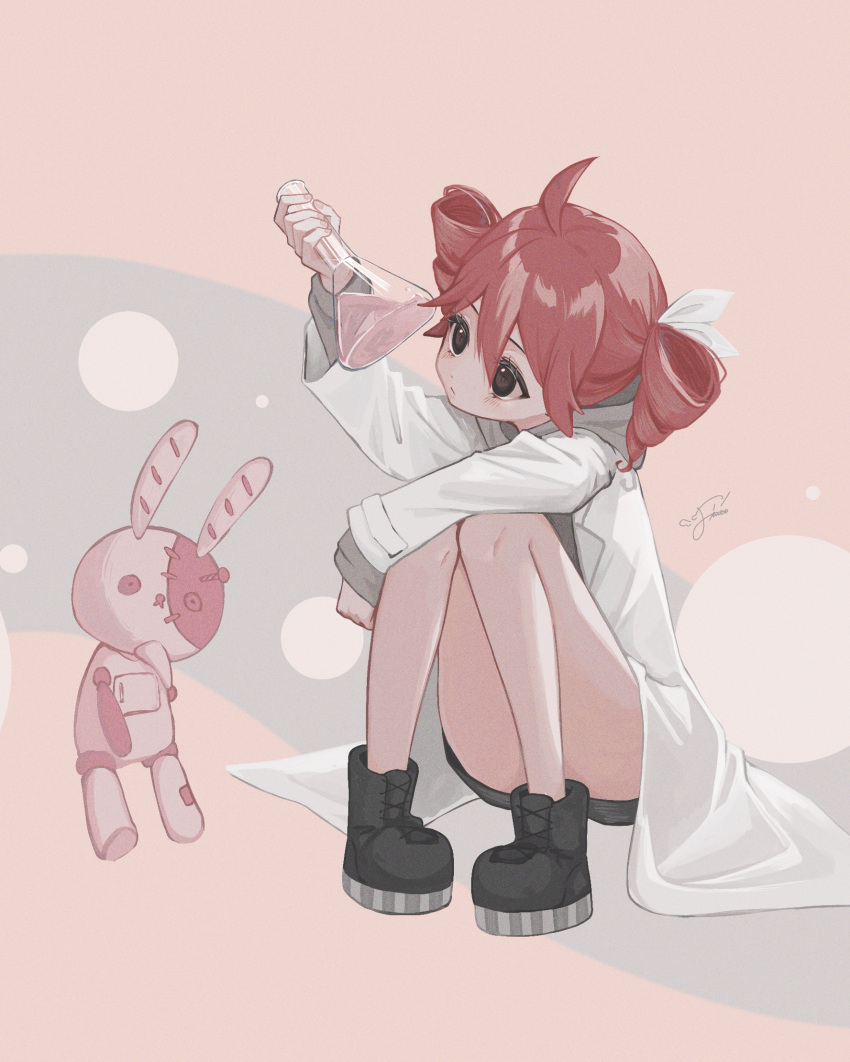 1girl, ahoge, alternate_costume, alternate_eye_color, arm_up, black_boots, black_eyes, boots