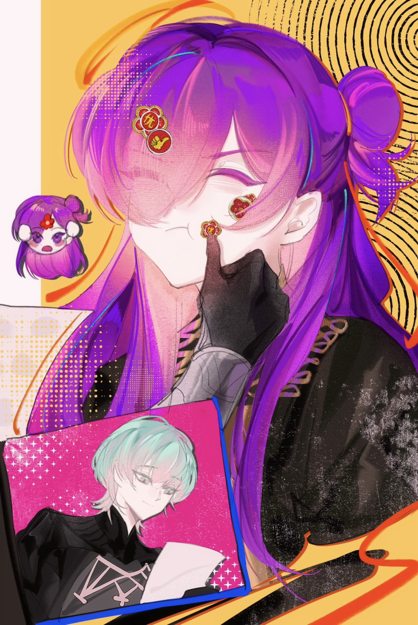 1boy, 1girl, anshango, armor, black_armor, black_gloves, blush, chibi