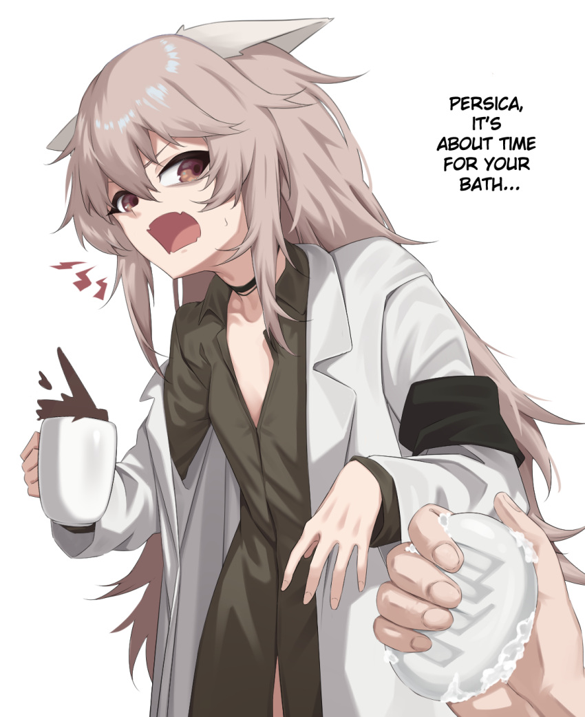 1girl, 1other, act_(xadachit), animal_ears, black_choker, brown_eyes, brown_shirt, cat_ears