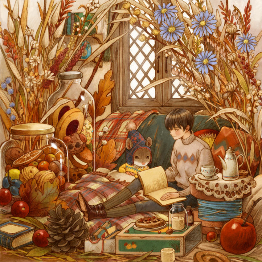 1boy, 1other, animal, apple, bed, black_hair, blanket, blue_flower