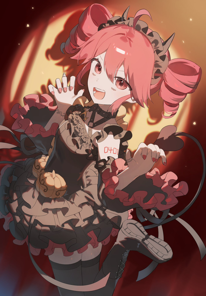 ahoge, black_dress, black_hairband, black_thighhighs, boots, detached_sleeves, dress, drill_hair