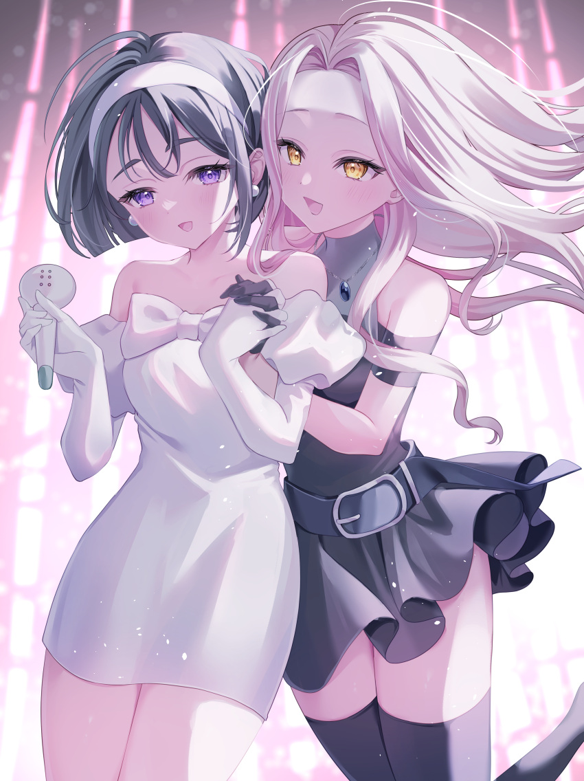 2girls, absurdres, alien_stage, bare_shoulders, belt, black_belt, black_dress, black_gloves