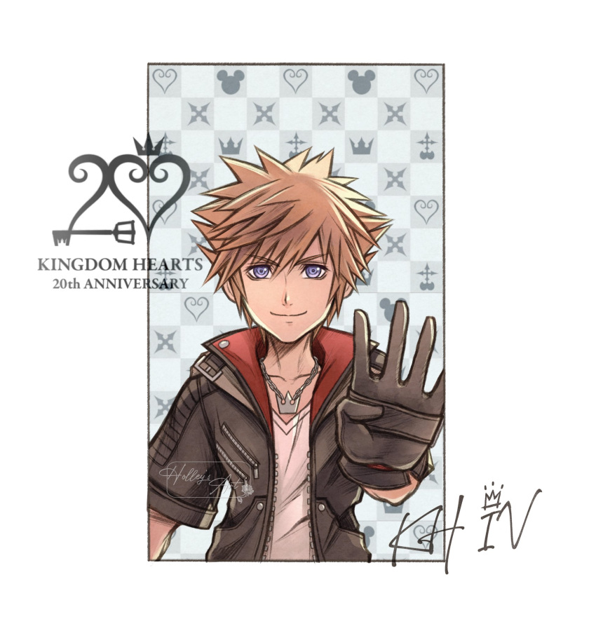 1boy, anniversary, artist_name, black_gloves, black_jacket, blue_eyes, brown_eyes, collarbone