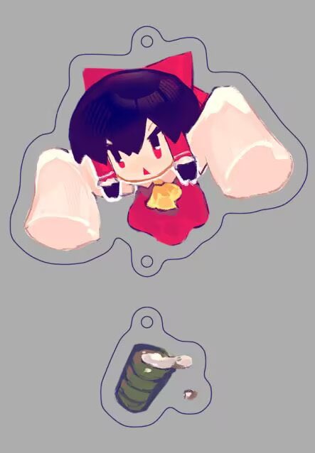 1girl, ascot, black_hair, bow, commentary, cookie_(touhou), cup, detached_sleeves
