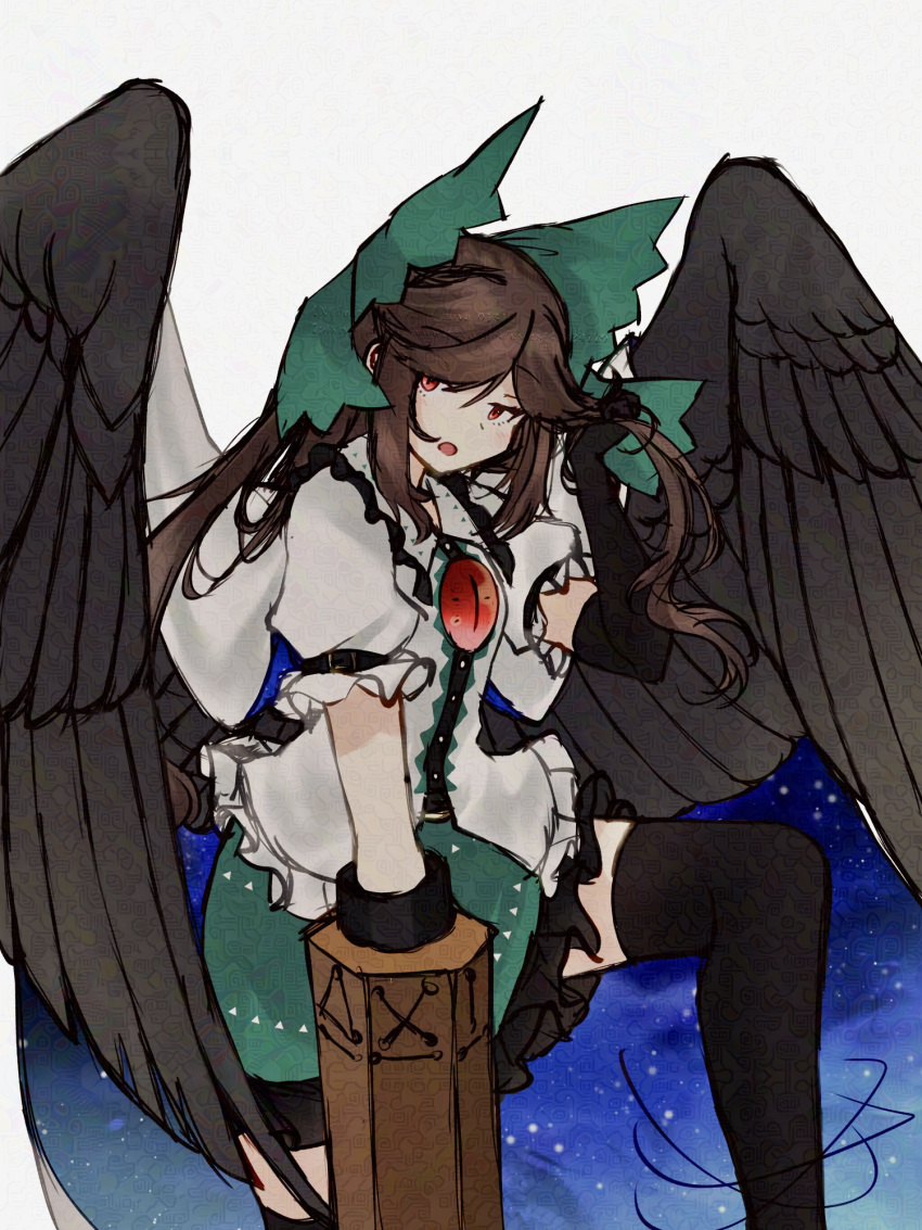 1girl, arm_cannon, atom, black_gloves, black_thighhighs, black_wings, bow, brown_hair, cape, collared_shirt, commentary_request, control_rod_(touhou), cosmos_0131, elbow_gloves, feathered_wings, feet_out_of_frame, frilled_shirt, frilled_shirt_collar, frilled_skirt, frills, gloves, green_bow, green_skirt, hair_bow, highres, long_hair, looking_at_viewer, open_mouth, print_cape, puffy_short_sleeves, puffy_sleeves, red_eyes, reiuji_utsuho, shirt, short_sleeves, simple_background, skirt, solo, starry_sky_print, thigh-highs, third_eye, touhou, two-sided_cape, two-sided_fabric, weapon, white_background, white_cape, white_shirt, wings, zettai_ryouiki