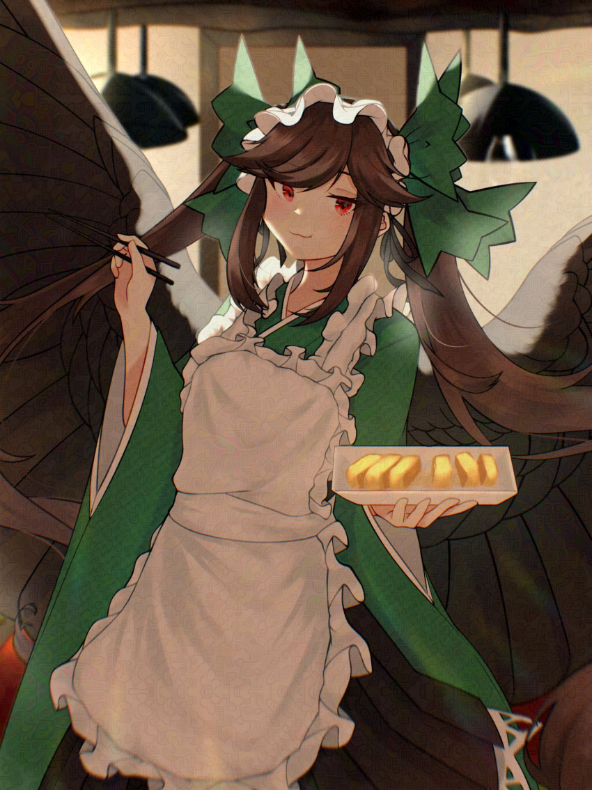 1girl, :3, alternate_costume, alternate_hairstyle, apron, black_ribbon, black_skirt, black_wings