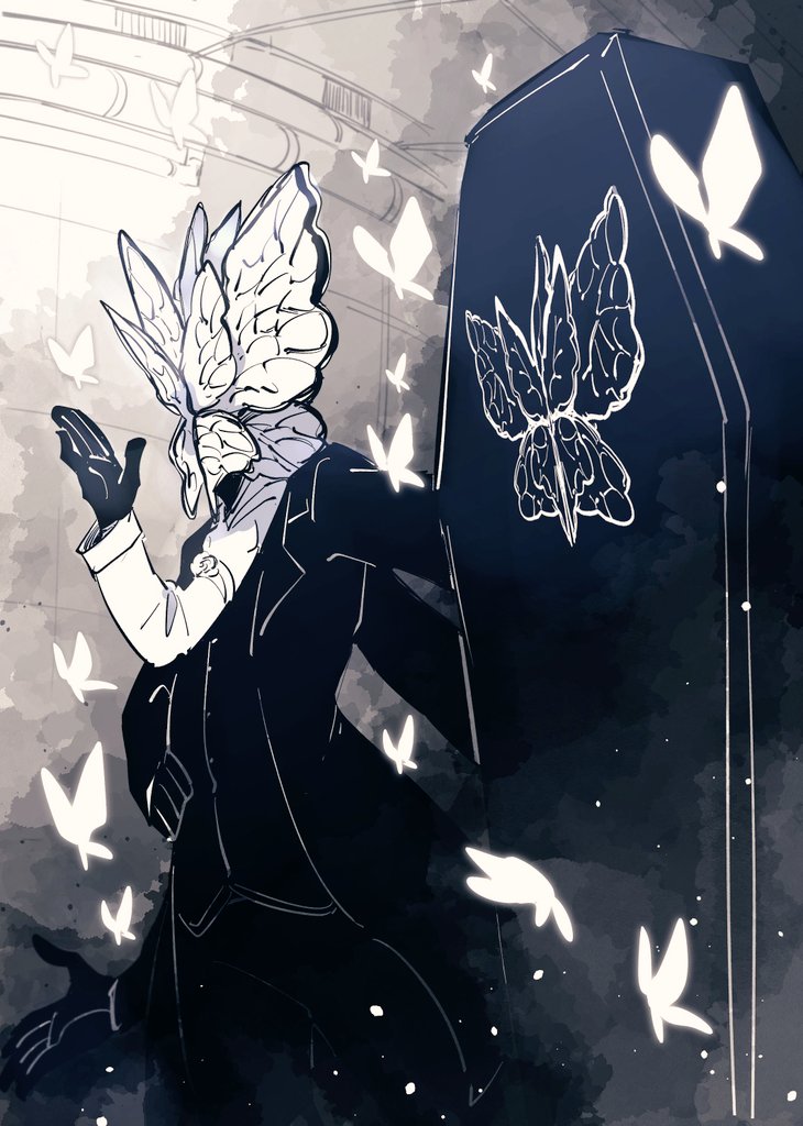 1boy, animal_head, animal_print, black_butterfly, black_coat, black_gloves, black_suit, bug, butterfly, coat, coffin, e.g.o_(project_moon), extra_arms, funeral_of_the_dead_butterflies, gloves, limbus_company, long_sleeves, overcoat, project_moon, sabaage, solo, suit, white_butterfly