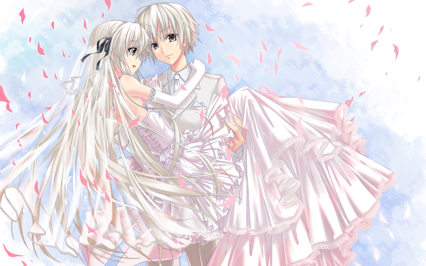 brother_and_sister, carrying, dress, hair_ribbon, highres, hika_(cross-angel), incest, kasugano_haruka, kasugano_sora, princess_carry, ribbon, siblings, silver_eyes, silver_hair, twincest, twins, veil, wedding, wedding_dress, wedding_veil, yosuga_no_sora