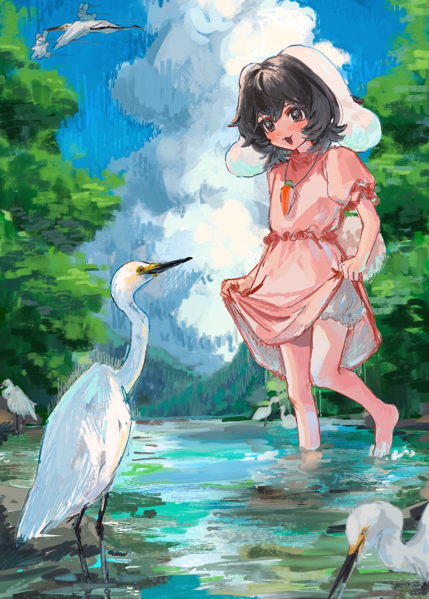 1girl, :3, animal_ears, b_nosk101, barefoot, bird, black_hair, bloomers