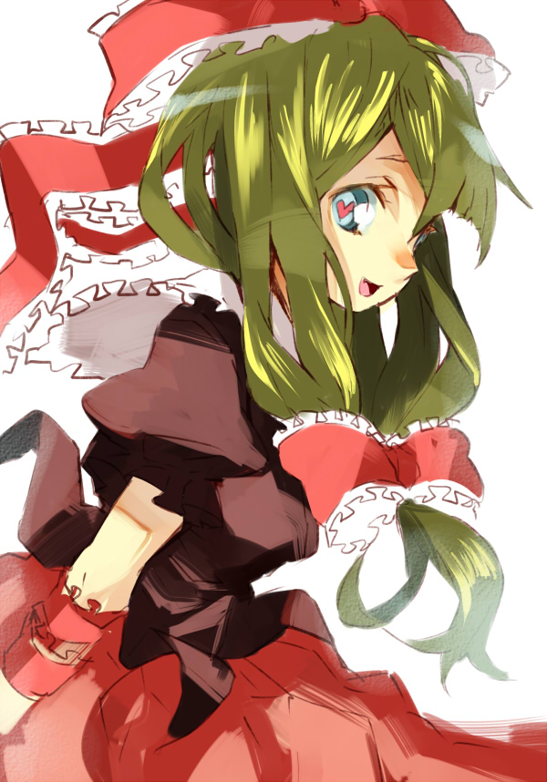 bad_id, blue_eyes, bow, dress, front_ponytail, green_hair, hair_ribbon, happy