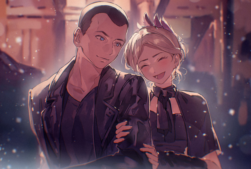1boy, 1girl, ^_^, alternate_costume, alternate_hairstyle, arm_warmers, black_capelet, black_dress, black_hair, black_jacket, black_shirt, blue_eyes, blush, capelet, closed_eyes, closed_mouth, collarbone, doctor_who, dress, folded_ponytail, formal_clothes, hairline, highres, holding_another's_arm, jacket, light_particles, looking_at_another, ninth_doctor_(doctor_who), open_clothes, open_jacket, open_mouth, outdoors, parted_bangs, pudding49500, rose_tyler, shirt, short_hair, smile, the_doctor_(doctor_who), upper_body, very_short_hair