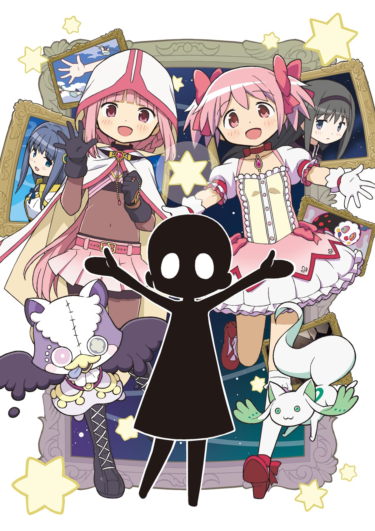 5girls, a-q_(madoka_magica), akemi_homura, armor, belt, belt_buckle, black_boots, black_capelet