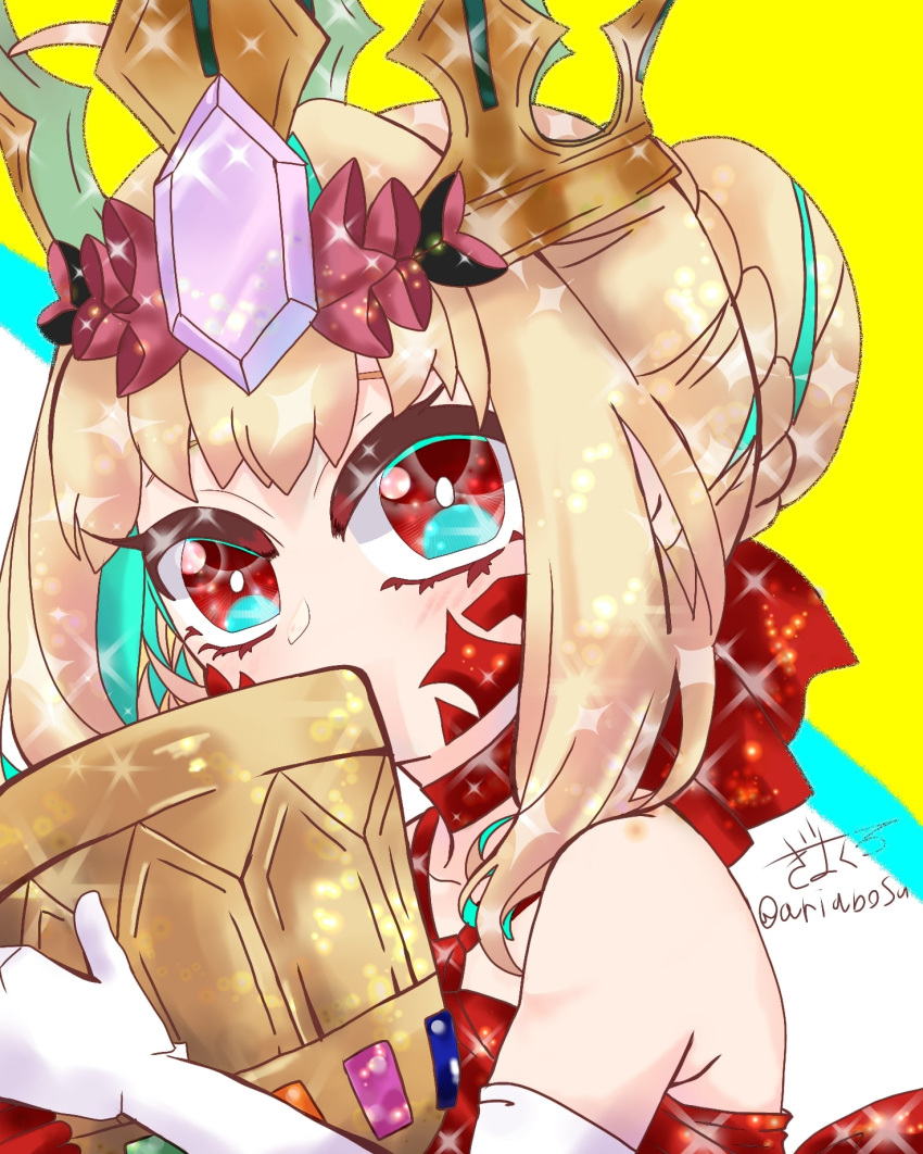 1girl, aqua_eyes, aqua_hair, ariabosu, blonde_hair, chalice, commentary_request, crown