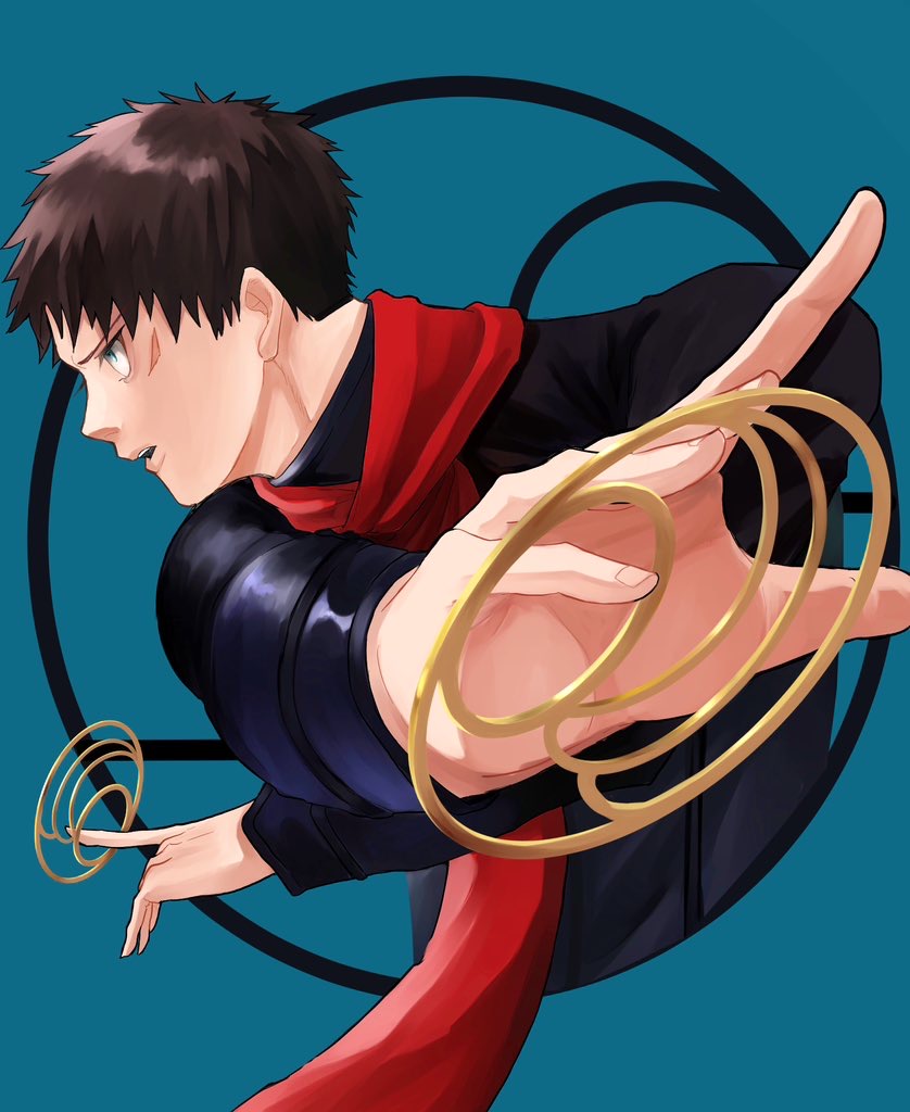 1boy, black_jacket, blue_background, brown_hair, crossed_arms, door_handle, dual_wielding, egg_09plant