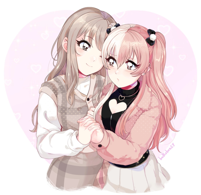 2girls, blush, bow, brown_eyes, brown_hair, bulkobon, clothing_cutout, cropped_jacket