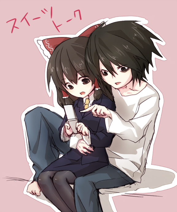 1boy, 1girl, aiu, arm_around_waist, bags_under_eyes, bow, brown_hair, business_suit