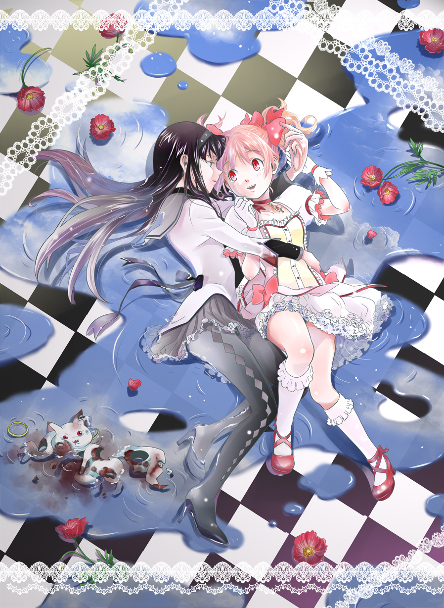 akemi_homura, black_hair, blood, boots, bubble_skirt, checkered, checkered_floor, highres