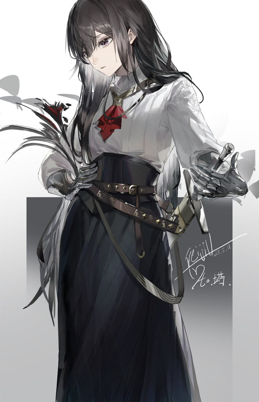 1girl, absurdres, arknights, black_hair, black_skirt, commentary_request, dated, feijiu