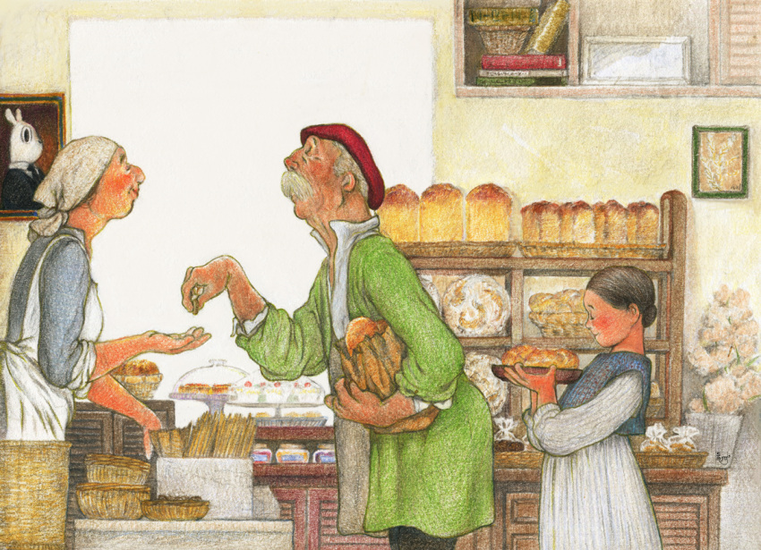 1boy, 2girls, apron, bakery, beret, black_hair, blue_shirt, bread