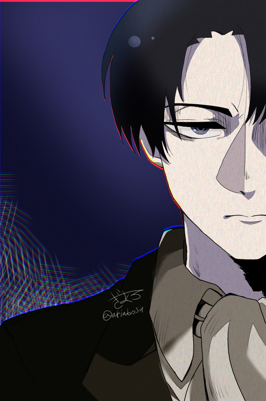 1boy, ariabosu, ascot, black_hair, blue_background, commentary_request, grey_eyes, highres, levi_(shingeki_no_kyojin), male_focus, portrait, shingeki_no_kyojin, signature, solo, twitter_username