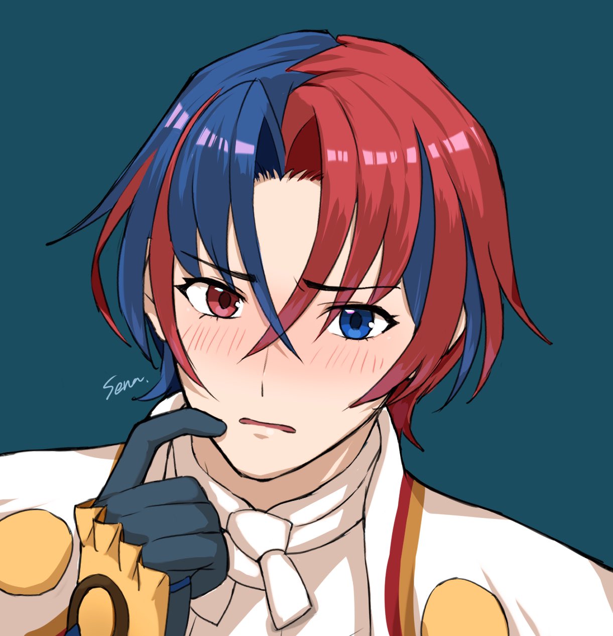 1boy, aimermermer, blue_eyes, blue_gloves, blue_hair, crossed_bangs, fire_emblem, fire_emblem_engage, gloves, hair_between_eyes, heterochromia, highres, looking_at_viewer, male_alear_(fire_emblem), male_focus, multicolored_hair, prince, red_eyes, red_hair, split-color_hair, two-tone_hair