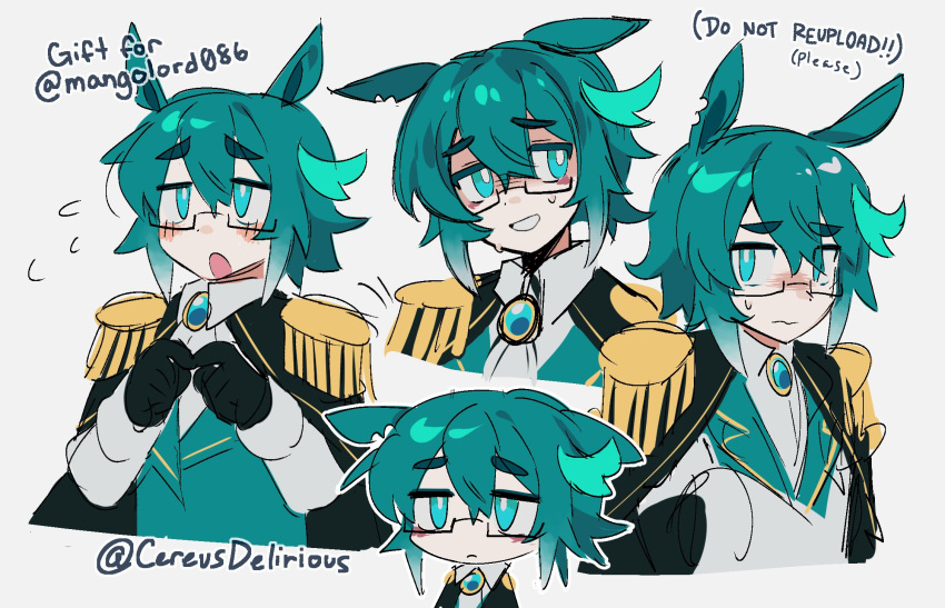 1boy, animal_ears, black-framed_eyewear, black_cape, black_gloves, blue_eyes, blue_hair, blush