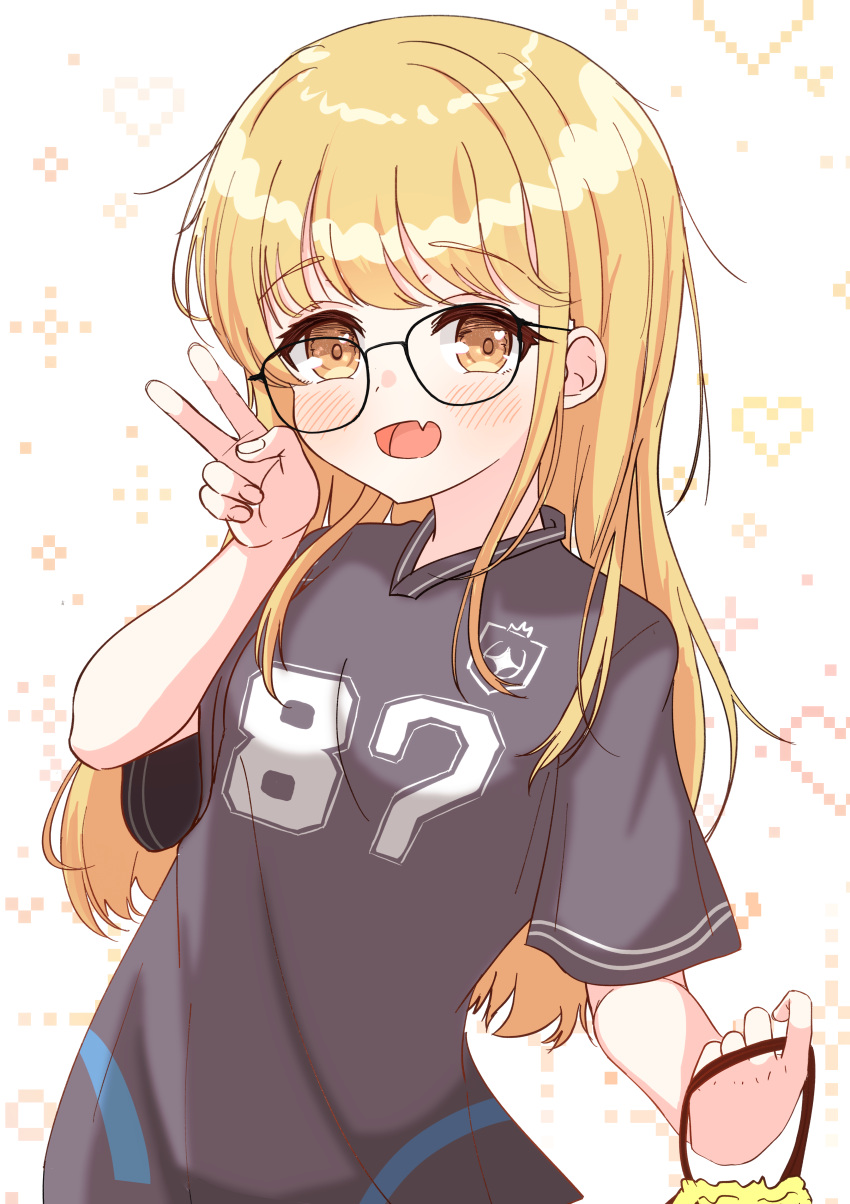 1girl, absurdres, bespectacled, black-framed_eyewear, blonde_hair, blush, commentary, fang, fingernails, fujita_kotone, gakuen_idolmaster, glasses, grey_shirt, heart, highres, idolmaster, long_hair, looking_at_viewer, marutsuki_e, pixel_heart, shirt, short_sleeves, skin_fang, smile, solo, sportswear, straight_hair, symbol-only_commentary, upper_body, v, very_long_hair, yellow_eyes