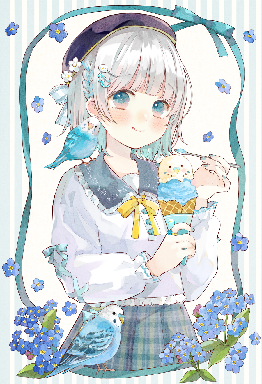 1girl, :q, animal, animal_on_shoulder, beret, between_fingers, bird, bird_hair_ornament, bird_on_shoulder, black_hat, blue_bird, blue_bow, blue_eyes, blue_flower, blue_hair, blue_nails, blue_skirt, blunt_bangs, blush, bow, braid, budgerigar_(bird), closed_mouth, colored_inner_hair, commentary, cowboy_shot, dot_nose, fingernails, flower, flower_ring, food, frilled_shirt, frilled_shirt_collar, frills, hair_bow, hair_ornament, hand_up, hat, hat_flower, highres, holding, holding_food, holding_ice_cream, holding_ice_cream_cone, holding_spoon, ice_cream, ice_cream_cone, inset_border, long_sleeves, looking_at_viewer, multicolored_hair, nail_polish, original, plaid_clothes, plaid_skirt, pleated_skirt, puffy_long_sleeves, puffy_sleeves, ribbon, ribbon_border, shirt, short_hair, side_braid, skirt, sleeve_bow, smile, solo, spoon, standing, streaked_hair, striped_background, tententuyu, three_quarter_view, tongue, tongue_out, white_hair, white_shirt, wing_hair_ornament, yellow_ribbon, yellow_trim