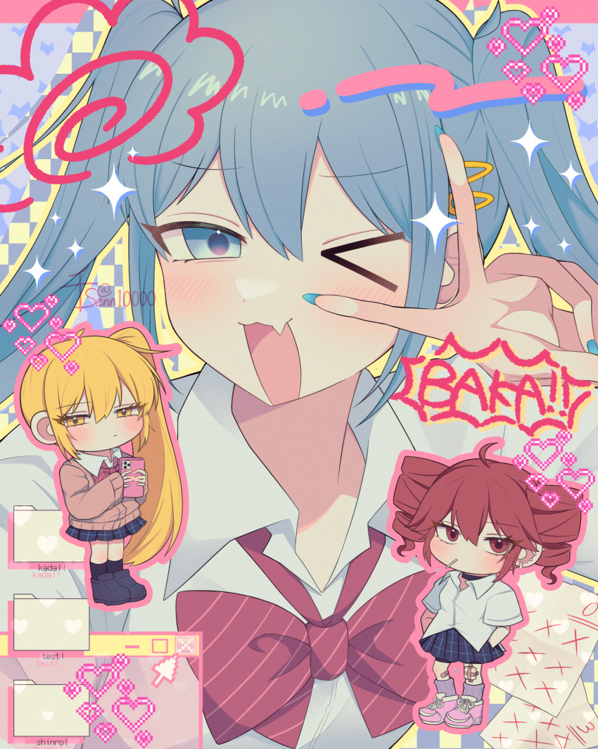 >_o, 3girls, absurdres, academic_test, akita_neru, bandaid, bandaid_on_leg, black_shoes