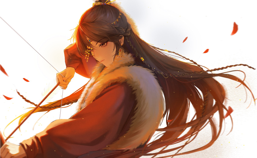 1girl, a_chan_(code:_kite), absurdres, arrow_(projectile), black_hair, blue_gemstone, bow_(weapon), chinese_clothes, chinese_commentary, code:_kite, drawing_bow, dry_grass, earrings, from_side, fur_scarf, gem, grass, grey_eyes, hair_ribbon, headband, heibai_bangbing, highres, holding, holding_arrow, holding_bow_(weapon), holding_weapon, jewelry, long_hair, long_sleeves, petals, puffy_long_sleeves, puffy_sleeves, ribbon, scarf, simple_background, solo, tress_ribbon, upper_body, very_long_hair, weapon, white_background, white_scarf
