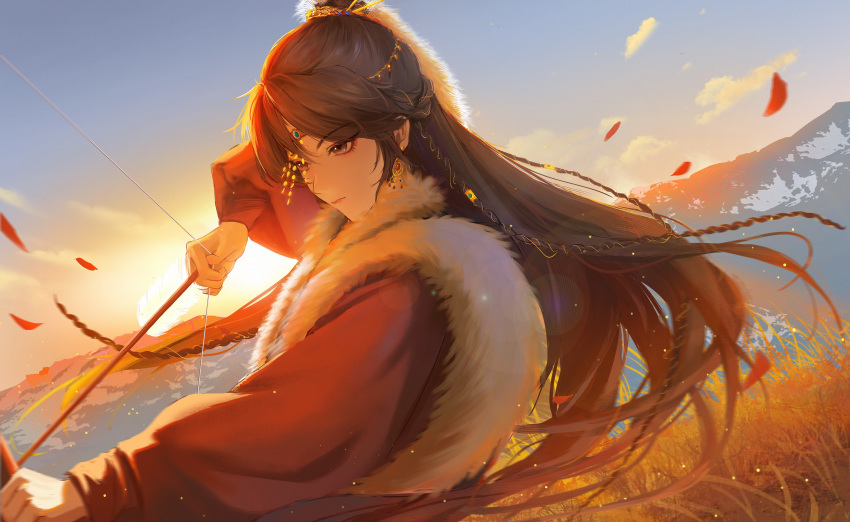 1girl, a_chan_(code:_kite), absurdres, arrow_(projectile), black_hair, blue_gemstone, bow_(weapon), chinese_clothes