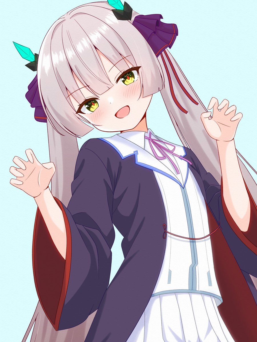 1girl, black_robe, blunt_bangs, blush, heaven_burns_red, highres, horns, long_hair