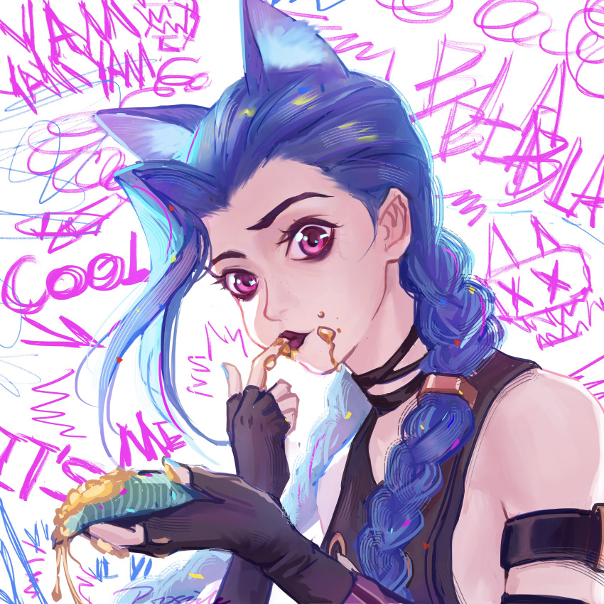 1girl, absurdres, animal_ear_fluff, animal_ears, arcane:_league_of_legends, arm_belt, bare_shoulders, black_eyeshadow