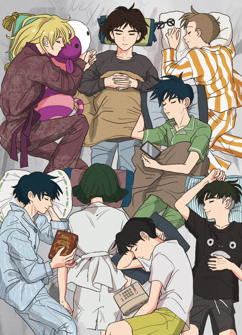 6+boys, asbel_(nausicaa), ashitaka, black_hair, black_shorts, blonde_hair, book, bowl_cut