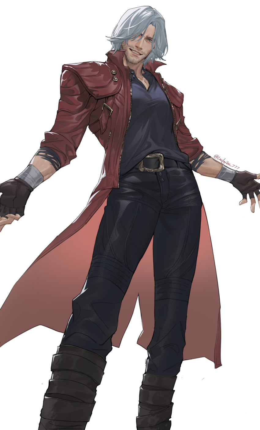 1boy, beard_stubble, belt, belt_buckle, black_belt, black_gloves, black_pants, black_shirt, blue_eyes, boots, buckle, coat, collared_coat, collared_shirt, curtained_hair, dante_(devil_may_cry), devil_may_cry_(series), devil_may_cry_5, facial_hair, feet_out_of_frame, fingerless_gloves, gloves, grin, highres, looking_down, luckytea_777, male_focus, one_eye_covered, open_clothes, open_coat, open_collar, pants, red_coat, shirt, simple_background, sleeves_rolled_up, smile, solo, standing, stubble, teeth, twitter_username, unzipped, white_background, white_hair, zipper