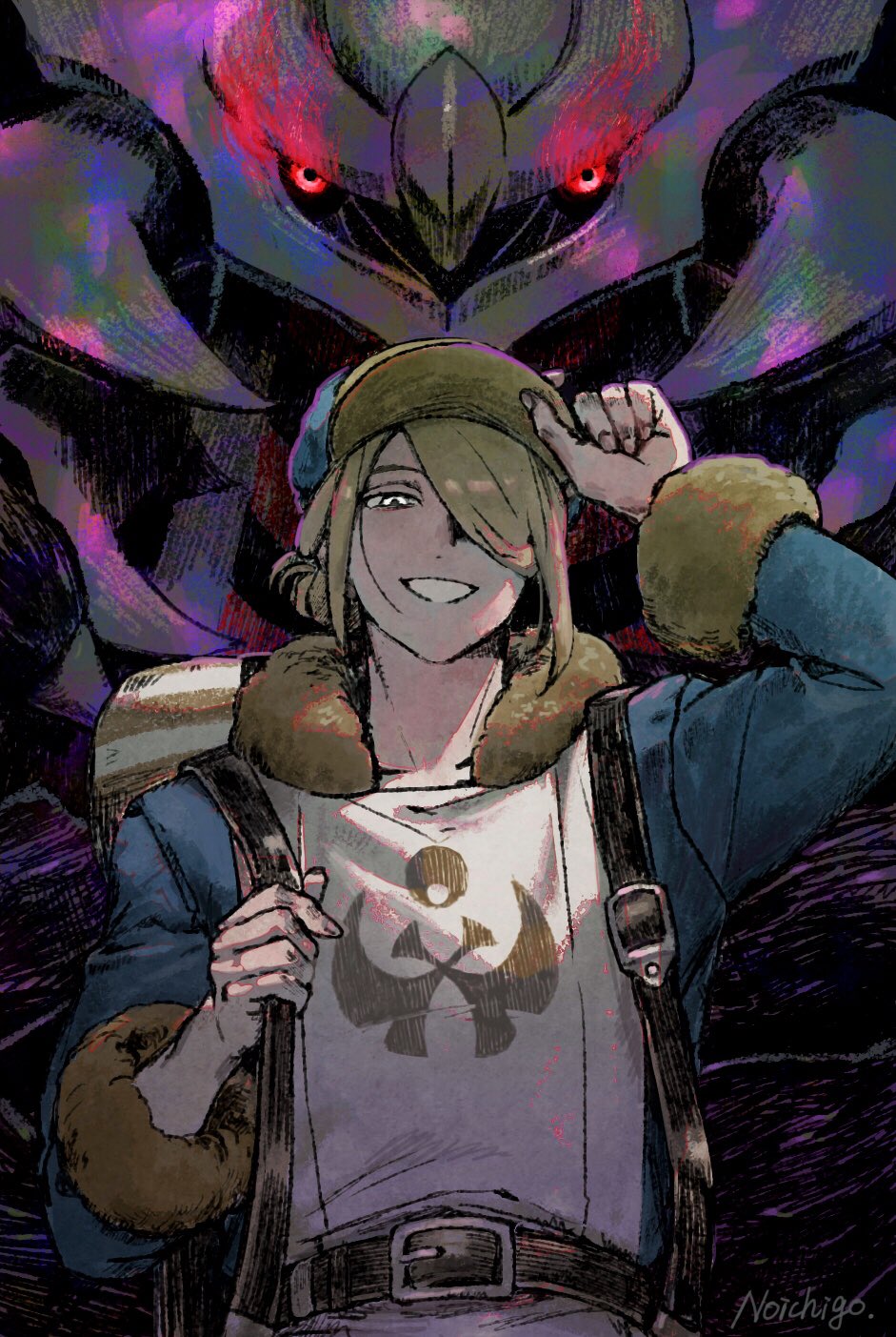 1boy, backpack, bag, blonde_hair, commentary_request, fur-trimmed_jumpsuit, fur_trim, ginkgo_guild_uniform