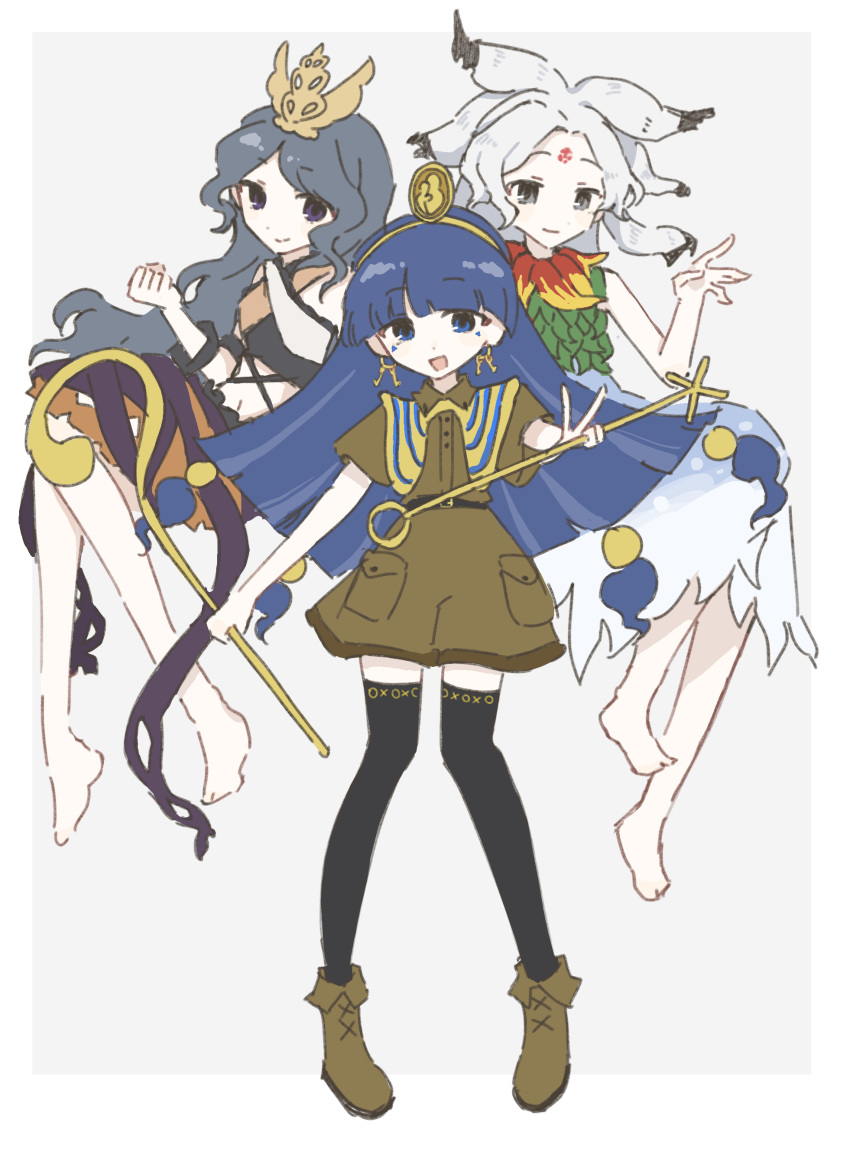 3girls, absurdres, ancient_egyptian_clothes, barefoot, black_eyes, black_thighhighs, blue_eyes, blue_hair