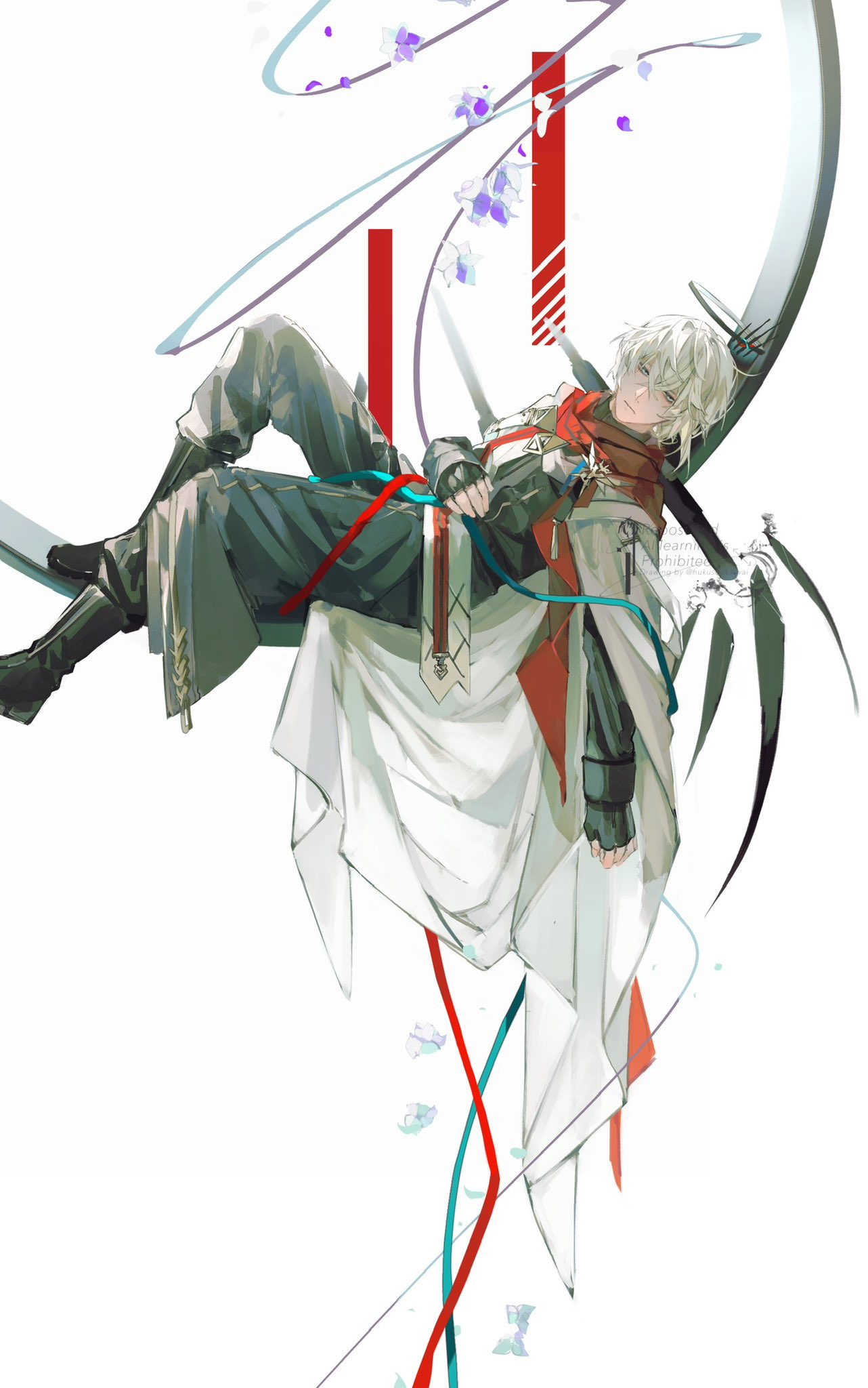 1boy, arknights, bai_zhong, black_boots, black_gloves, black_halo, black_pants, boots