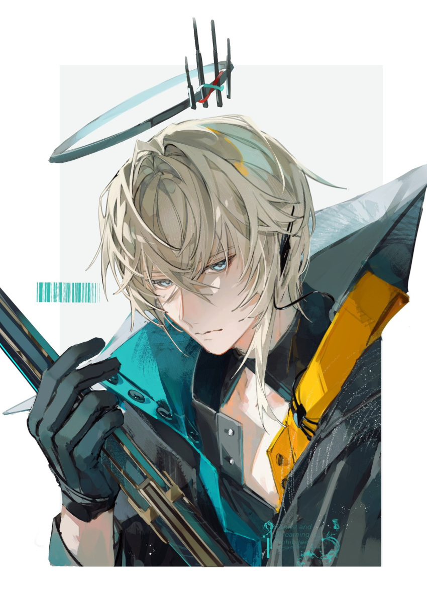 1boy, arknights, bai_zhong, black_gloves, blue_eyes, closed_mouth, executor_(arknights), executor_the_ex_foedere_(allmind_as_one)_(arknights)