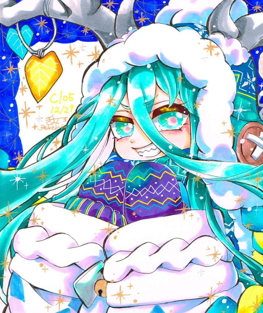 1girl, antlers, antlers_through_headwear, aqua_eyes, aqua_hair, ariabosu, beanie, blue_hat