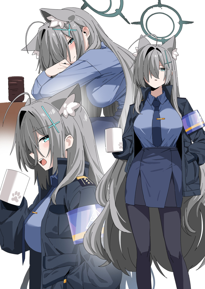 1girl, absurdres, aged_up, alternate_costume, aqua_eyes, aqua_halo, b.t._(boob_tong), black_pantyhose, blue_archive, blue_shirt, coffee_mug, cosplay, cup, hair_over_one_eye, halo, highres, holding, holding_cup, kanna_(blue_archive), kanna_(blue_archive)_(cosplay), long_hair, mug, multiple_boys, multiple_views, open_mouth, pantyhose, shiroko_(blue_archive), shiroko_terror_(blue_archive), shirt, solo, very_long_hair, white_background
