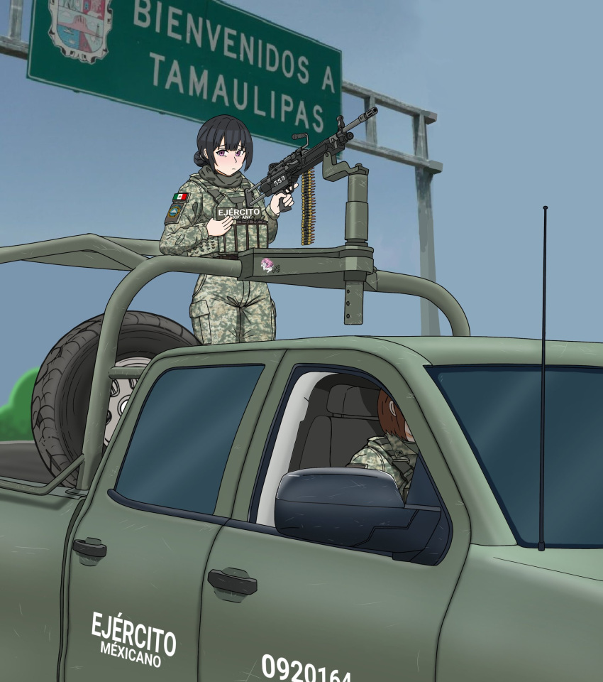 2girls, black_hair, brown_hair, commentary_request, doro_(nikke), goddess_of_victory:_nikke, gun, highres