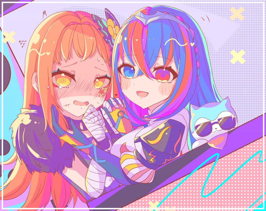 1other, 2girls, bandana, bandana_around_neck, blue_fur, blue_hair, braid, crossed_bangs