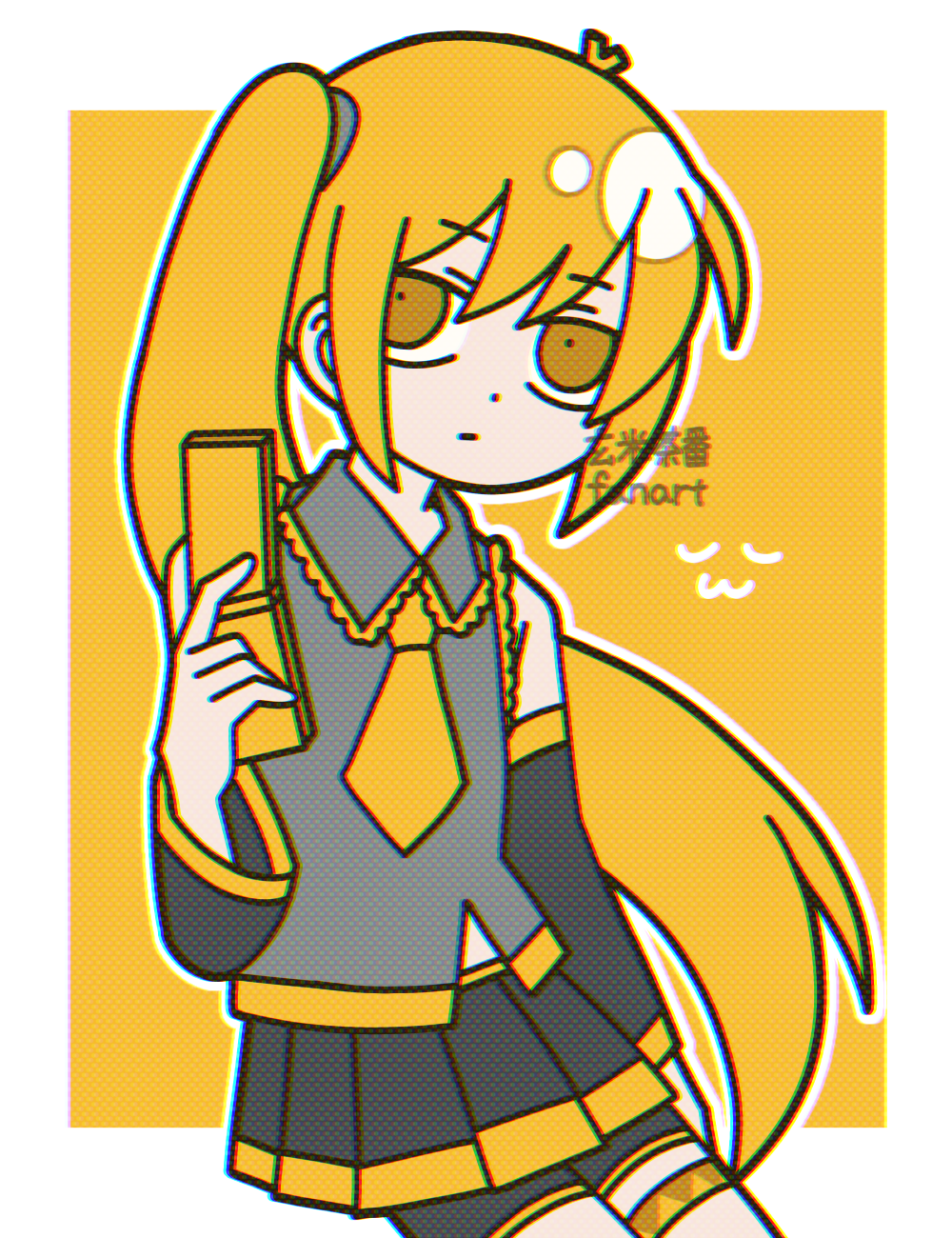 1girl, akita_neru, bike_shorts_under_skirt, blonde_hair, cellphone, commentary_request, detached_sleeves, flip_phone