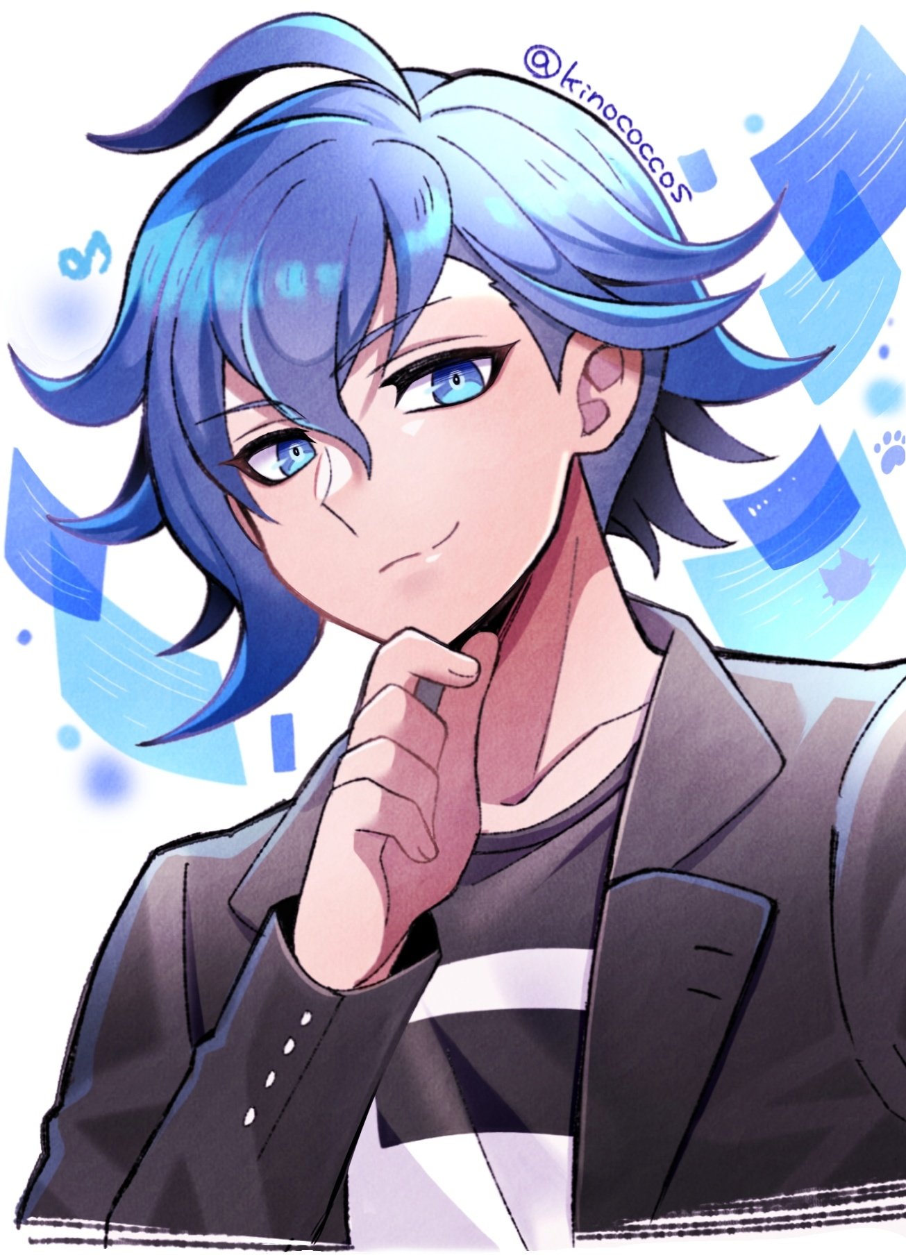 1boy, ahoge, aoyama_kazuki, black_jacket, blue_eyes, blue_hair, cropped_shoulders, eighth_note