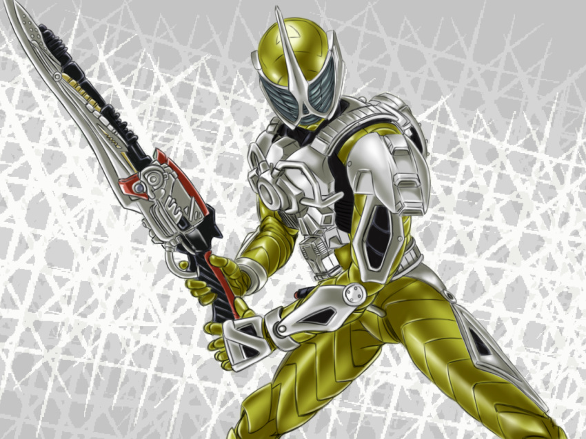 1boy, accel_driver, bodysuit, commentary, cowboy_shot, engineblade, holding, holding_sword, holding_weapon, kamen_rider, kamen_rider_accel, kamen_rider_accelbooster, kamen_rider_w, kamen_rider_w_returns:_kamen_rider_accel, male_focus, namari_fudetarou, simple_background, solo, standing, sword, weapon, window_shutter, yellow_bodysuit