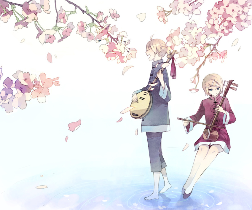 aqua_eyes, bad_id, blonde_hair, changpao, cherry_blossoms, chinese_clothes, closed_eyes, erhu