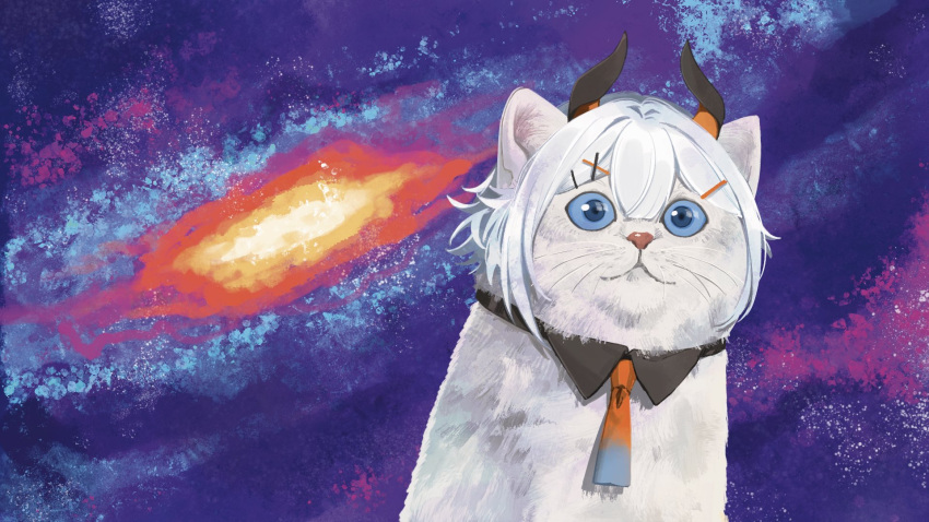 animal, animalization, black_collar, black_horns, blue_eyes, blue_necktie, cat, closed_mouth, clothed_animal, collar, commentary_request, demon_horns, detached_collar, double-parted_bangs, galaxy, gradient_necktie, hair_ornament, hairpin, highres, horns, levi_elipha, levi_elipha_(1st_costume), meme, multicolored_horns, multiple_hairpins, necktie, nijisanji, no_humans, orange_horns, orange_necktie, purple_background, solo, space, space_cat_(meme), square-end_necktie, star_(sky), staring, starry_sky_background, todoroki_kyouko_(artist), two-tone_horns, upper_body, virtual_youtuber, whiskers, white_cat, white_hair, x_hair_ornament