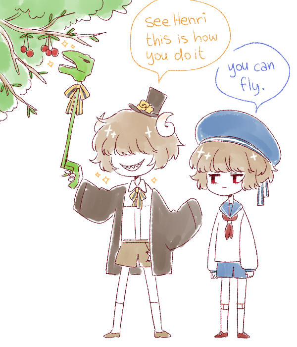 2boys, belt, beret, black_hat, black_jacket, blue_hat, blue_ribbon, blue_sailor_collar