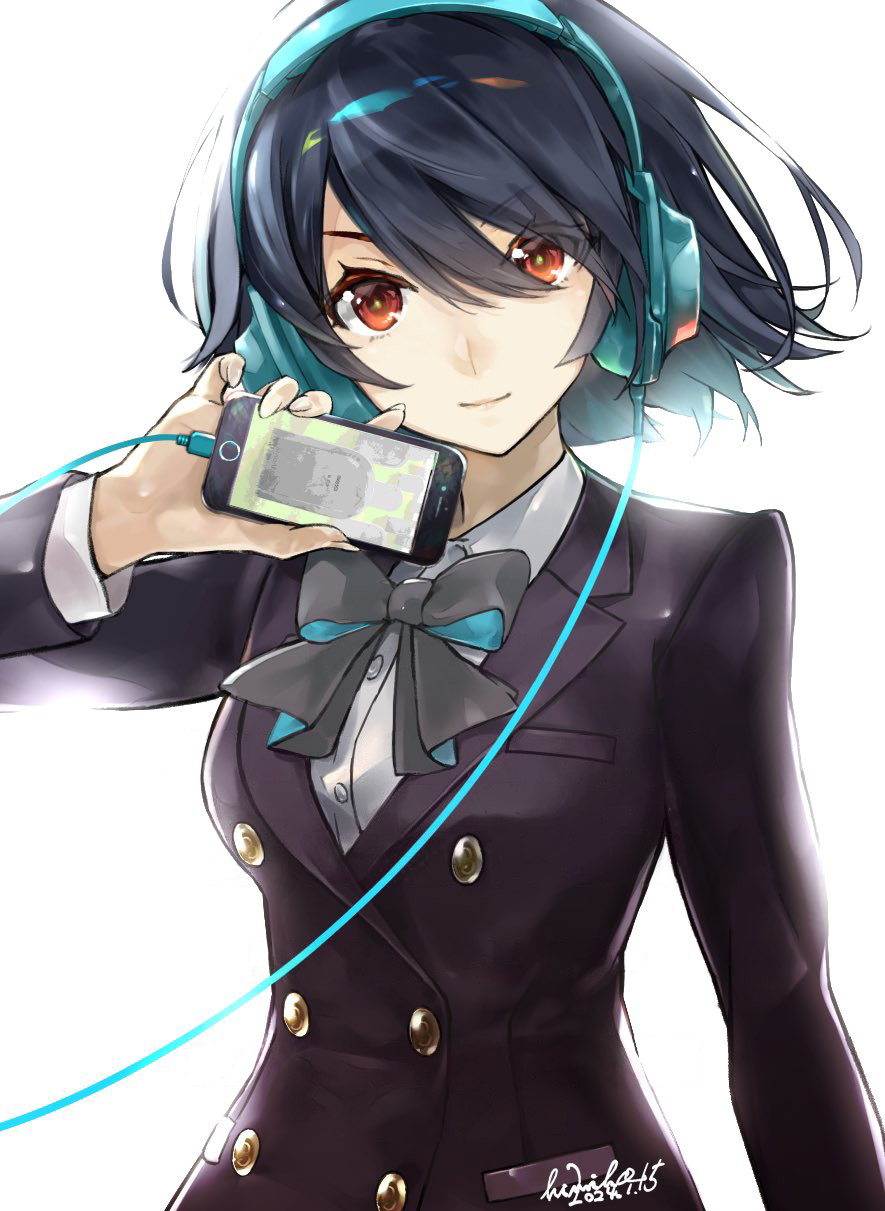 1girl, alice_(sinoalice), black_hair, blazer, bow, bowtie, cable, cellphone